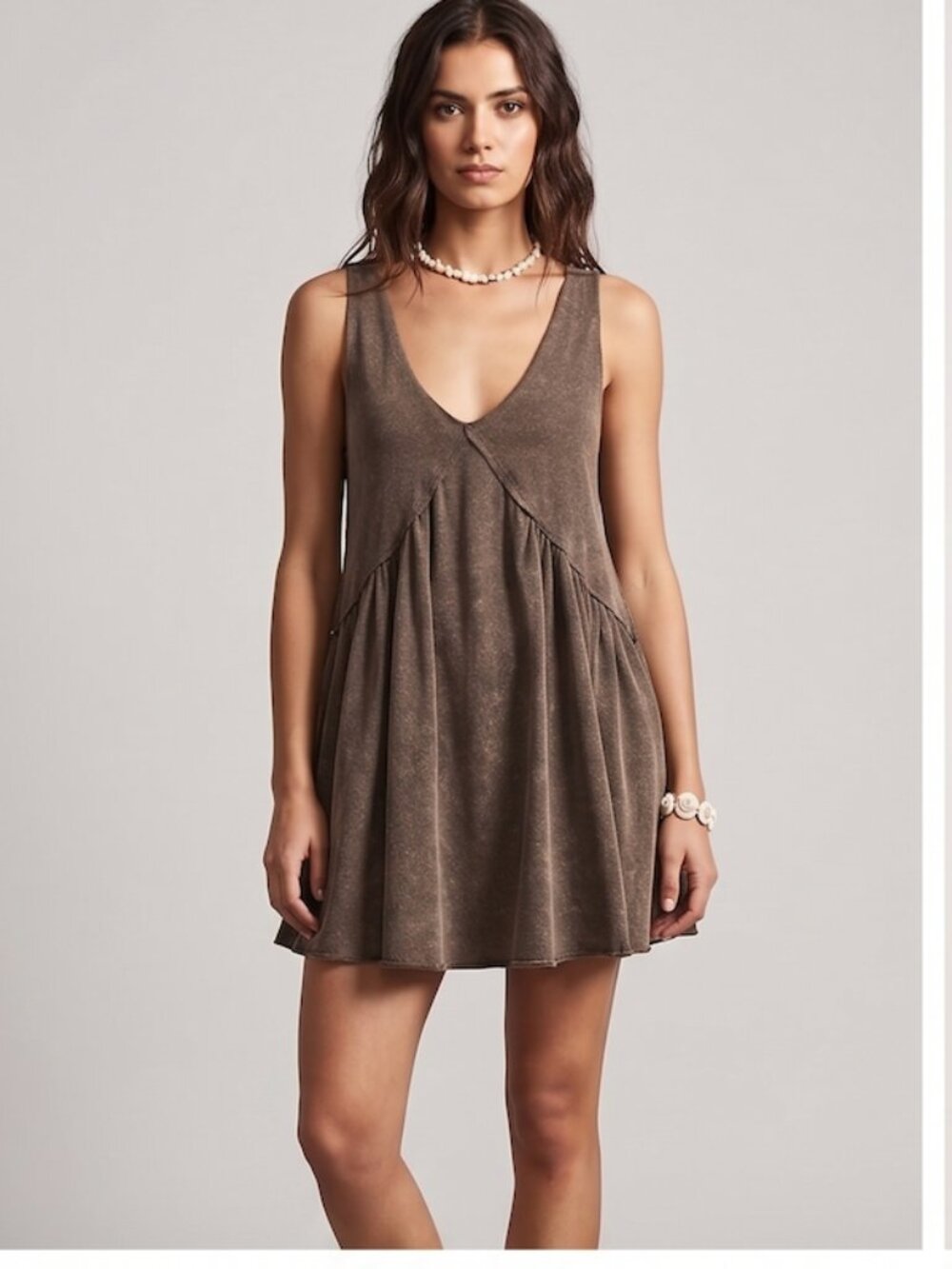 Boho  V-Neck Loose Knit Short Dress Brown